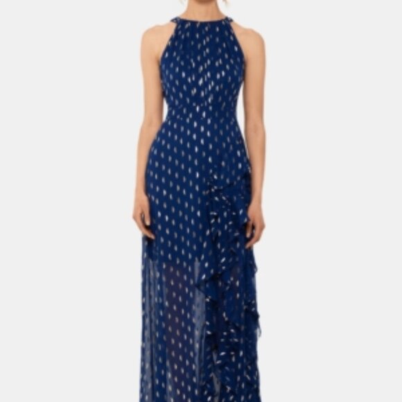 Betsy & Adam Chiffon Foil-Dot Gown - Navy/Gold - Picture 1 of 2